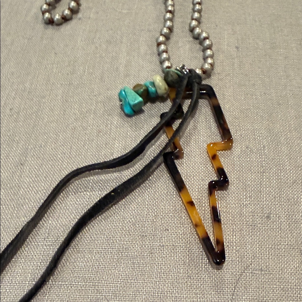 Beaded Necklace with Turquoise, Leather, and Lightning Bolt Pendant- 36”